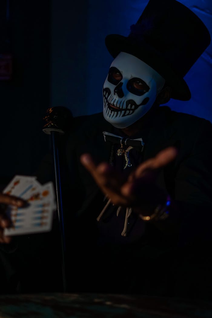A person in a skull mask with top hat and cards, set in dark lighting.